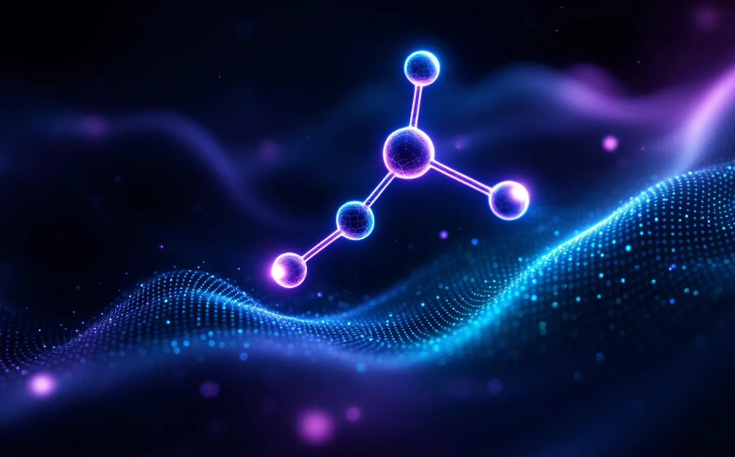 An abstract NAD+ coenzyme molecule — a nicotinamide ring and an adenine ring joined by two phosphate nodes — drawn in thin violet and cyan luminous line-work with soft node-glows, floating on a cool near-black ground with a faint aurora bloom